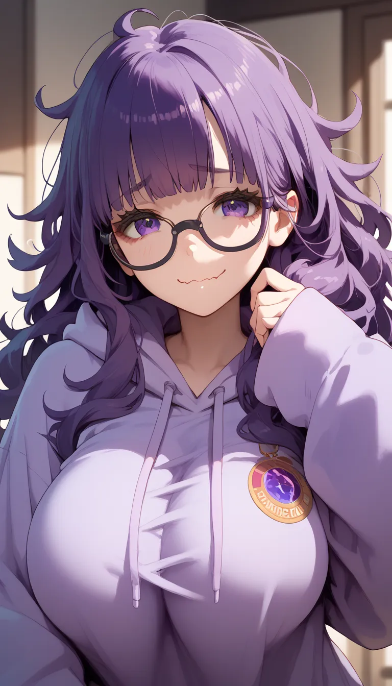 ((masterpiece)), 1girl, solo, long hair, dark purple hair, wearing glasses, wavy mouth, oversize hoodie, oversize sleeves, lesbi...