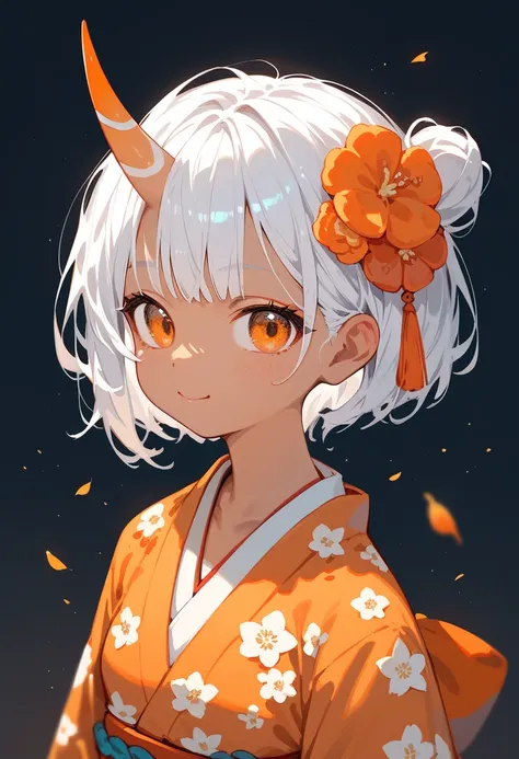  ,Short hair,White hair,Tanned, wearing an orange floral kimono,In the orange eyes,There is only one horn,cute,The face is numb.