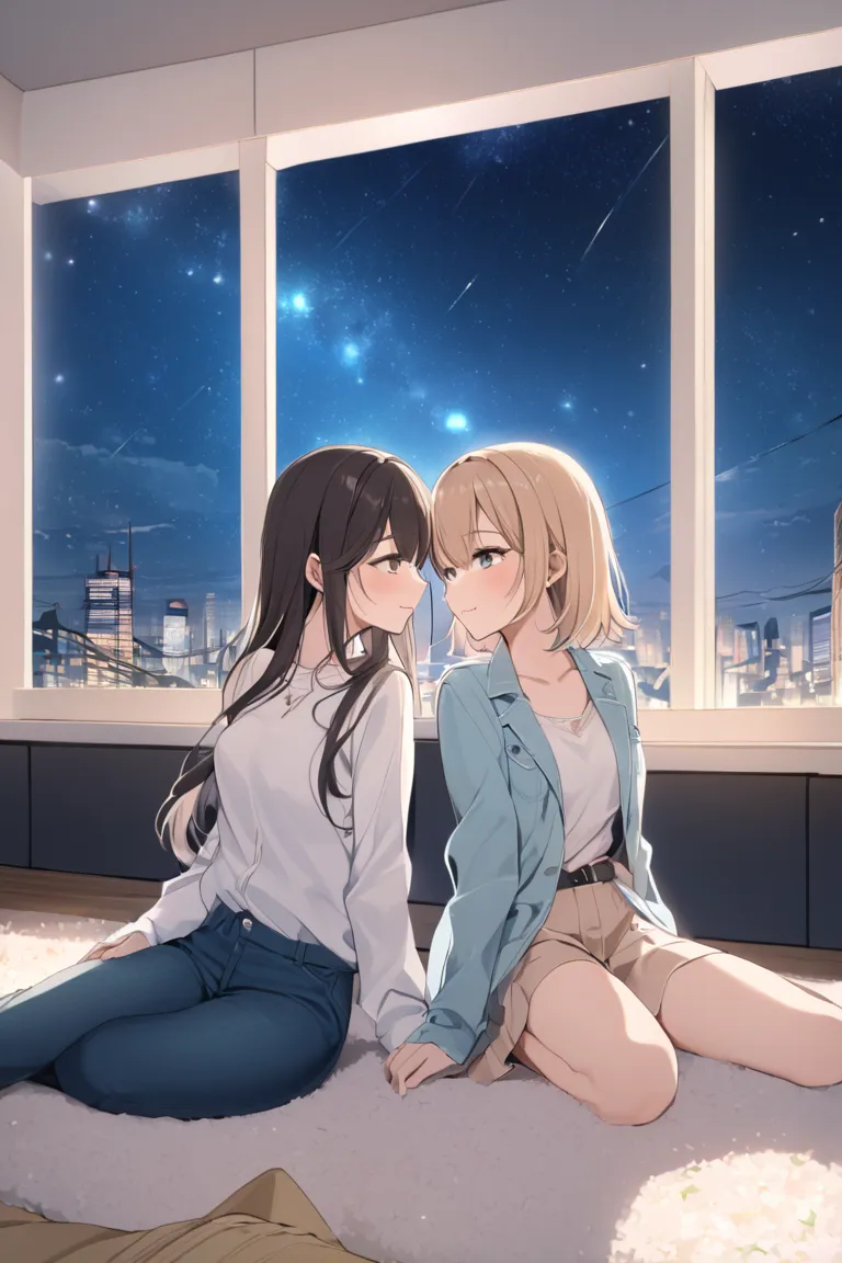 (a large glass living room with a beautiful view of the stars in the background)、２women kiss each other、 women are in love with ...