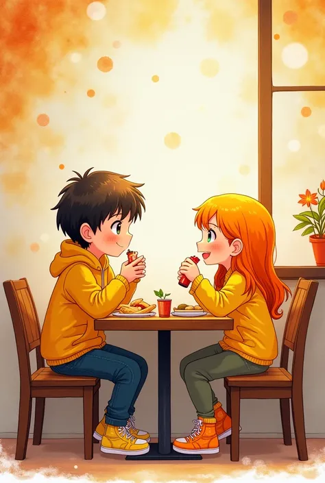 Manga cartoon   A Boy and  Girl  skin white , long  hair colour yellow - orange gradient , wear outfits  Winter wear  and  sneaker colour yellow and orange eating  foods in restaurant   backdrop  wall  , manga water colour  cartoon style  .