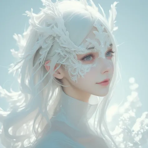 Super detailed hyper-realistic surreal image of an ethereal woman with long, flowing white hair, wearing an intricately designed white mask adorned with delicate feather-like elements. Her pale skin and light blue eyes give her an otherworldly appearance, ...