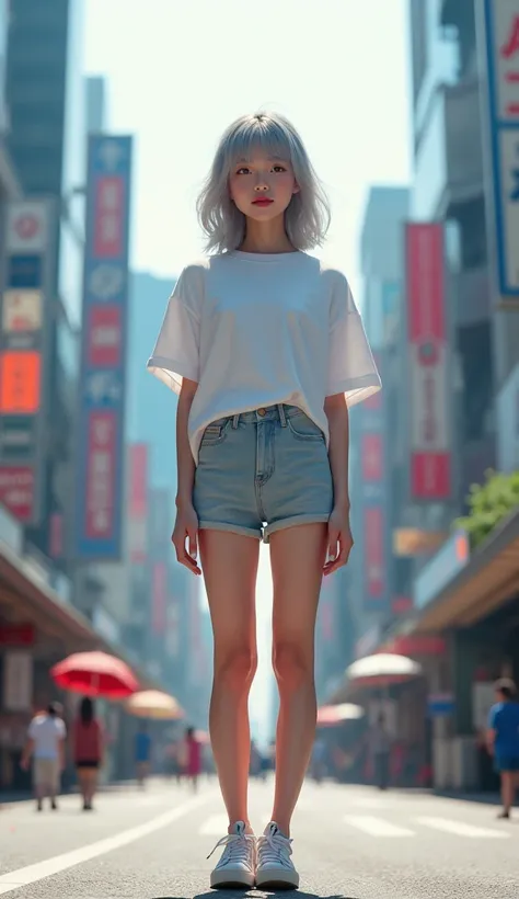  One Korean woman stands upright facing the front、 Women wear T-shirts and shorts 、 Women wear sneakers 、Women are in the city 、 Women have silver hair 