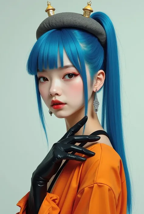 blue hair, pony tail, naked, orange stocking, 1girl, black hand glove, crowned grey Beret hat, small breast, decapitation, shows head and body, idol