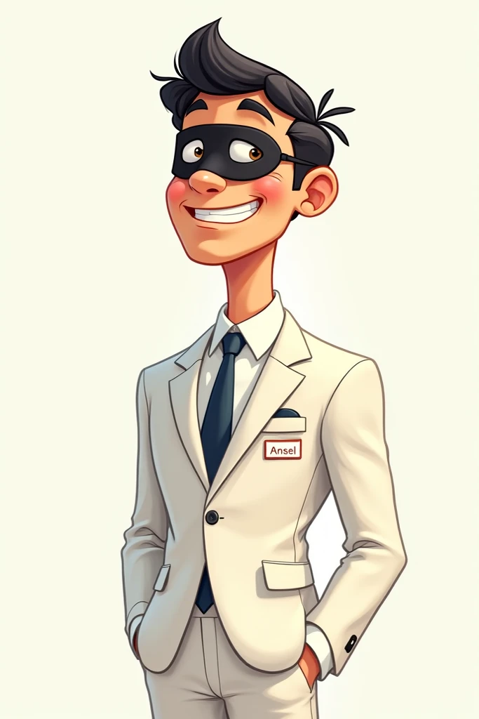 cartoon man he is sitting then he is wearing a white suit then only half picture, he is smiling then he has a mask then he has a name tag on his clothes, it is written on the name tag is Ansel