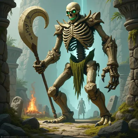 ###  Description of Bonecrase 
A huge skeletal guard with an ancient body made of bone and stone.  Its slightly bent shape resembles a revived monument .  Pale bones with cracks and a coating of moss emphasize his age .  The gray-brown color of the bones i...