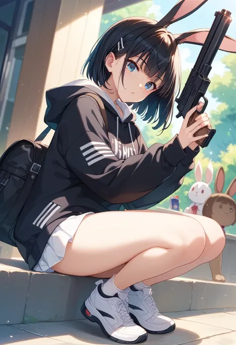  wearing a black hoodie with rabbit ears,White sneakers, girl, black hair,long,Put on the hood, gun to protect my brother,黒色のlongコートを着ている