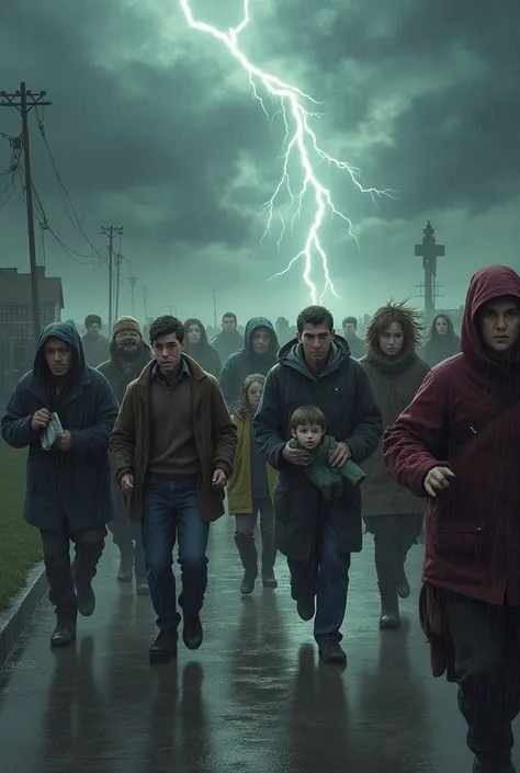 Make a scene where a group of people are fleeing the storm and seeking shelter 