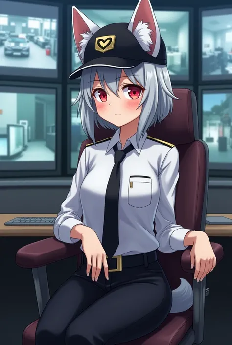 Adult warden tomboy, silver bun hair, black officer baseball cap, red eyes color, her felt serious, silver husky dog ears, silver husky dog tail, white officer shirt and black tie, black trousers, She sitting on chair behind the bosss desk, cctv monitors o...