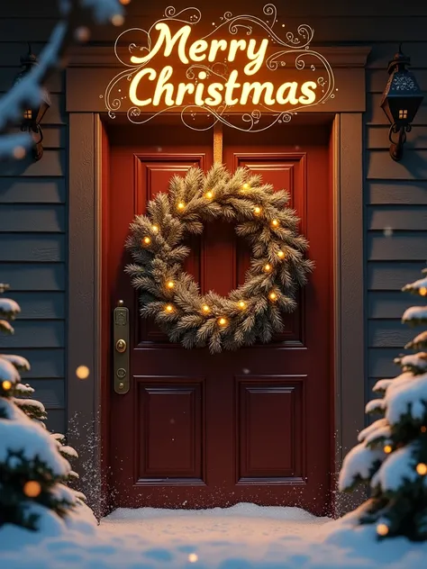 Christmas wreath on a front door, snow-covered, photorealistic style. creative ai, generative ai.

At the top of the image, incorporate "Merry Christmas" in elegant golden decorative text, with intricate swirls and flourishes that give it a festive feel. T...