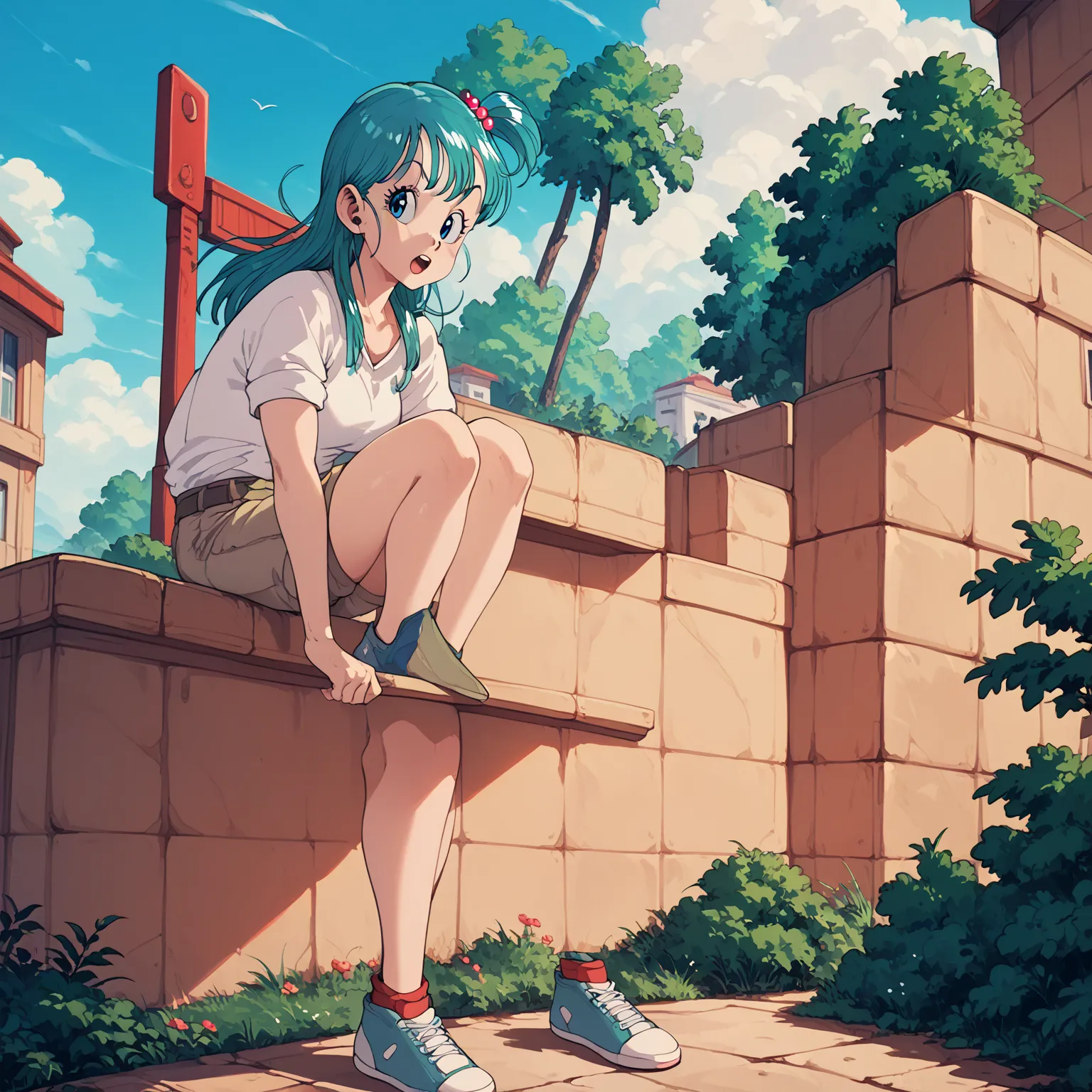 bulma in a white bikini stands on a cliff，with a puzzled expression, i watched bulma in a white bikini standing on a cliff in th...