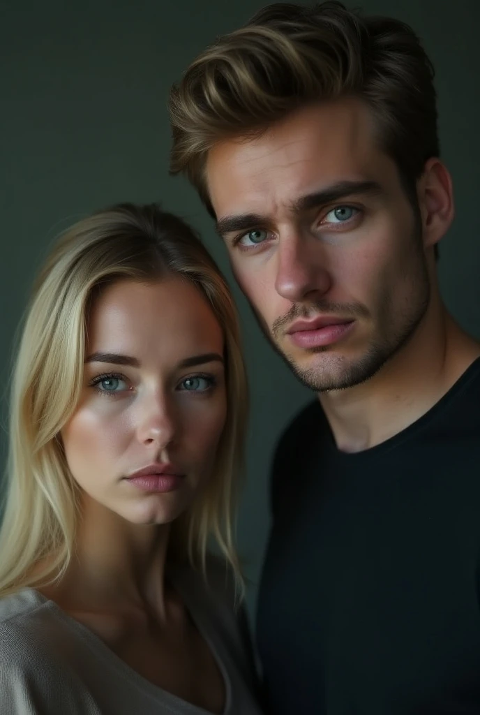 Realistic photo right man left woman sad both blonde
