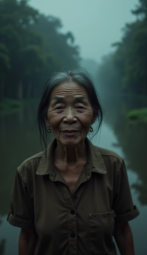 Close-up of an old Vietnamese woman, wearing a brown shirt, her face bent down, a scary smile, behind her is a river, 45 degree angle of the face, there are many trees on both sides of the river, the night sky scene is gloomy, scary, horrifying, with black...