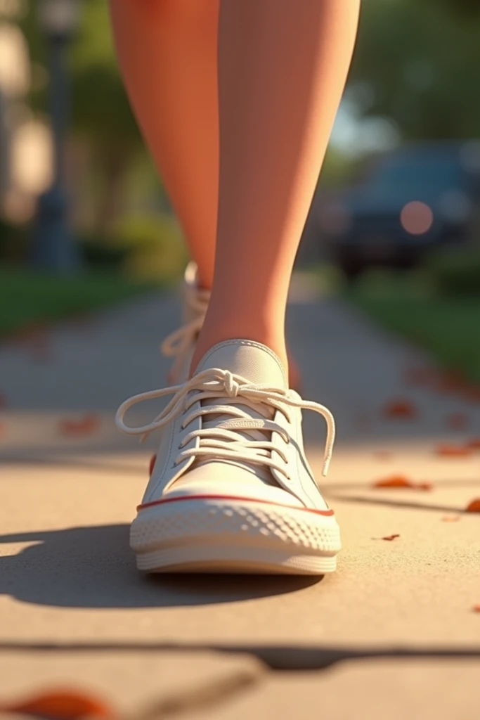 Create a Disney Pixar style close-up shot of Emma’s foot in a white sneaker stepping awkwardly on the pavement. The shoe appears tight, and the scene captures a small wince of pain. The setting is the same suburban sidewalk, with Emma’s shadow faintly visi...