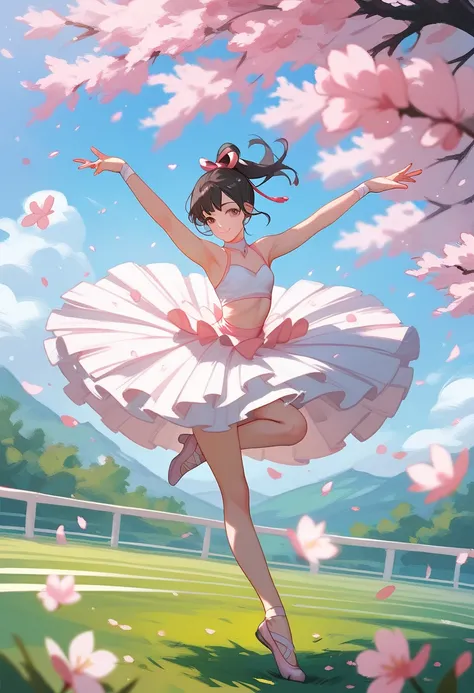 A graceful ballerina in a tutu stands in a field of blooming cherry blossoms.