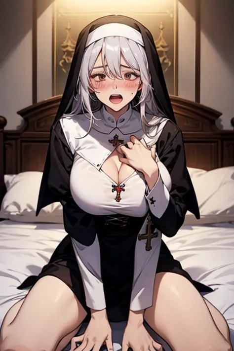 white-haired long-haired big-breasted nun，beauty，kneeling，cleavage， blush， blush，roll your eyes， black face ，spread your legs， l...