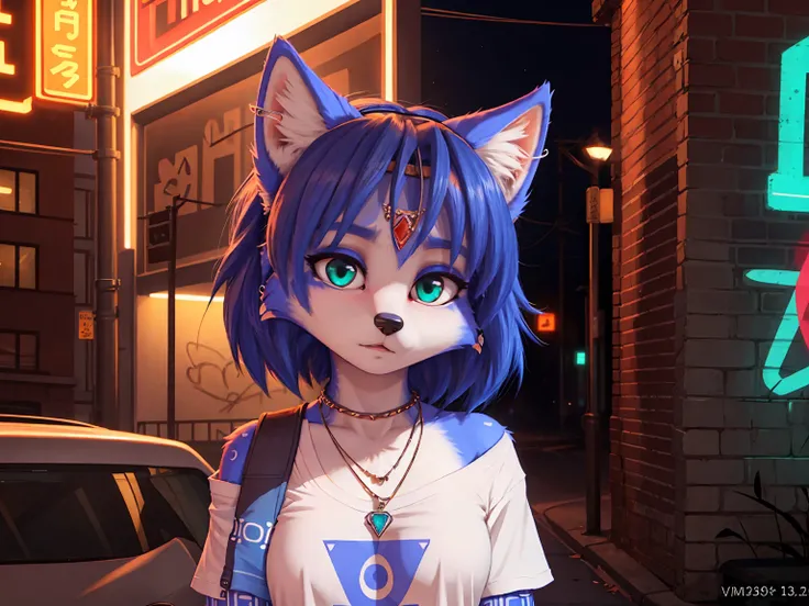 a picture of ((krystal)), Star Fox-Krystal, lovable, green eyes, ((( long blue hair 1 .3))), Decollete, anthro, Fuzzy,  detailed Fluffys fell,  detailed face, (Fluffy),  1 girl, Alone,woman, Goth, green eyes, undercut, ultra-realistic 8k cg ,  masterpiece,...