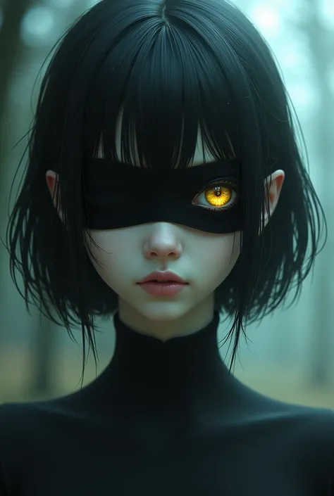 girl with short black hair, with yellow eyes and a right eye in a blindfold.