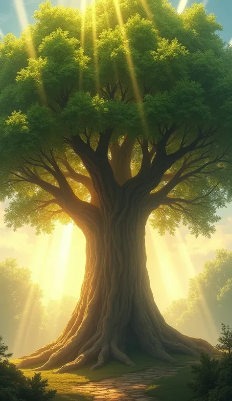  Image of a large leafy tree with deep roots , with rays of light crossing the leaves .
 symbolizes firmness in faith and divine protection ,  as a metaphor for the trust and peace that come from God.