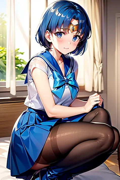    best quality, (masterpiece:1.2),    very detailed, 
   one girl   , Alone,
  Sandy Beach Viewer  ,    make you blush  ,       Medium Chest,    embarrassed expression 、
Teary-eyed  ,    blue hair,    shorthair  、Perm Hair、((   Pantyhose  ))、bedroom、((   ...