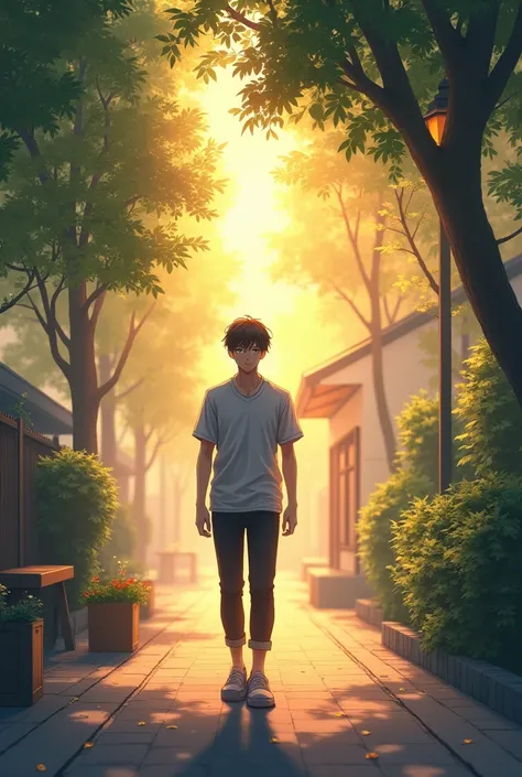 A man is walking in morning . Pic anime look realistic