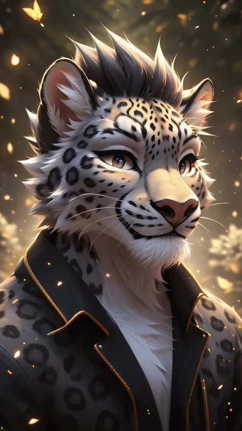 solo male, Dark Grey and and white Leopard furry, smiling, Dark grey fur, White fur spots, netral, illustration, portrait, beautiful, particles (high quality,4k,8k,highres,masterpiece:1.2), ultra-detailed, impressionistic:colorful,