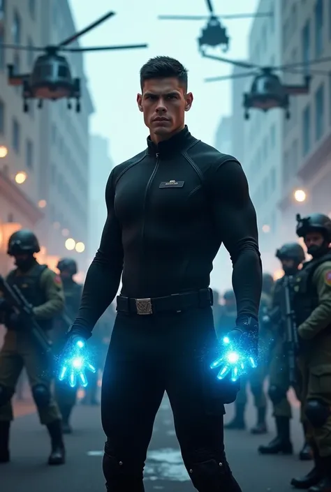 Cody Rhodes medium build white fucking male male with short black hair wearing black uniform with hands glowing blue facing the camera close up surrounded by Military with guns and police swat and news helicopters 