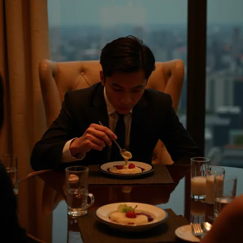 The time is evening.  The location is a high-rise apartment in Gangnam with a view of the Han River. .  The secretary secretly took a picture of a young Korean tycoon eating dessert.. Her face is not exquisitely visible .