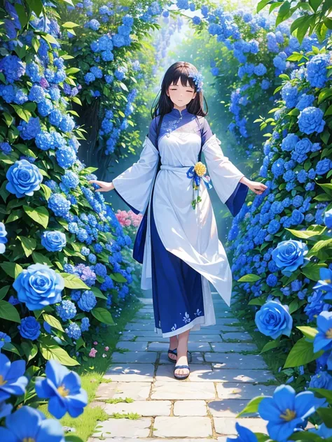 In a fragrant garden,  A blind woman stands with her arms outstretched ,  while gently touching the petals of the flower she met,  The connection between nature and lovely blue flowers in a fragrant garden .