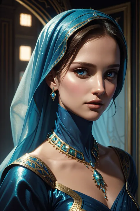 3D portrait Natalie Portman, wearing hijab made of blue with jewelry and diamonds transparent sexy costume, against the background of Burj Khalifa, 9 9 9 9 s, curly hair, intricate, elegant, highly detailed, digital painting, artstation, concept art, smoot...