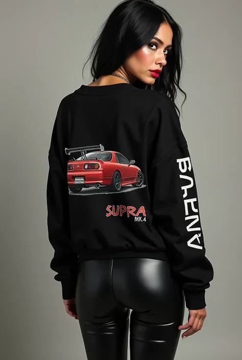 gothic girl standing almost on her back looking at the camera with a flirtatious face and showing her rear, she wears a long-sleeved black sweater with a realistic drawing of a toyota supra mk4 on the back and below the drawing the word supra and on the sl...