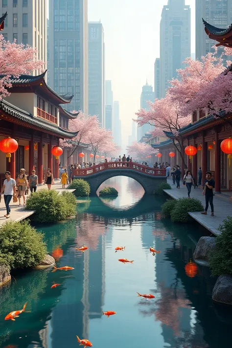 A modern city street with a ponds of water that mirror a chinese village
