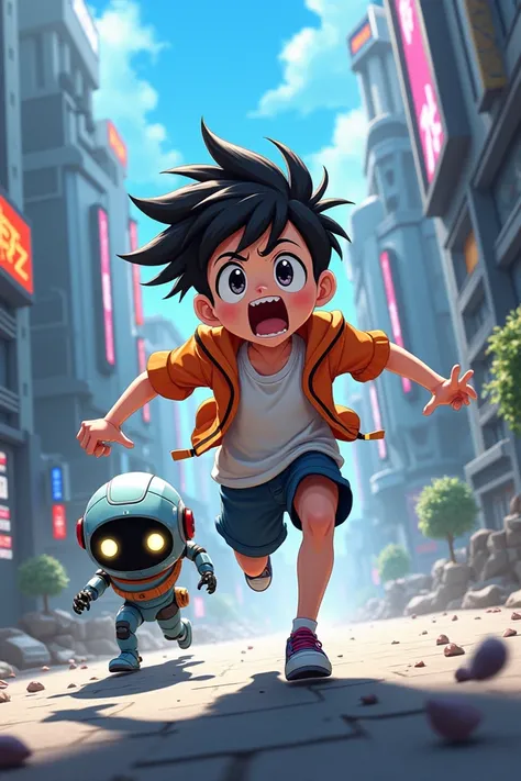 a anime boy running from a robot chibi style