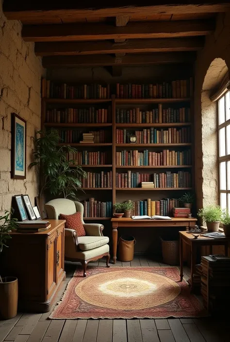 A small rough room with self help books and academic books