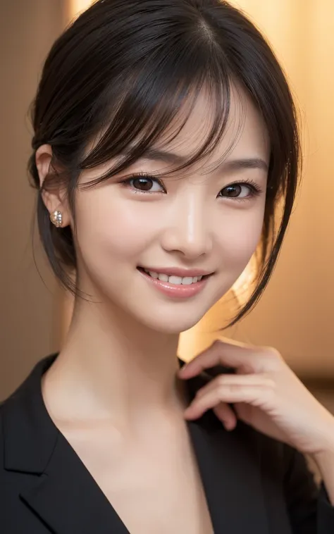 not wearing makeup:1.6,(( wear formal black clothing)),Best Quality, ((body facing the camera)), frontal face, Soft light, Ultra-high resolution, (Realistic:1.4), RAW Photos, One Japanese woman, alone, 35 years old,black hair, ( has a smiling face :1.5), (...