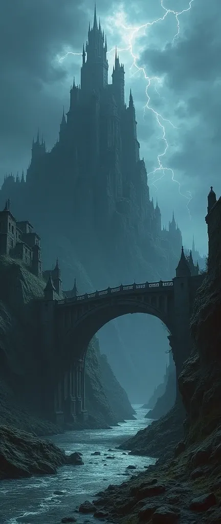 (masterpiece:1.2),  Extremely Complex Details, ff14 style, Dynamic painting,  depicting a ruined city with a destroyed bridge over a wide river, A cursed and spooky castle towering over a sharp rock、A vast landscape shrouded in darkness 、Dark with dark clo...