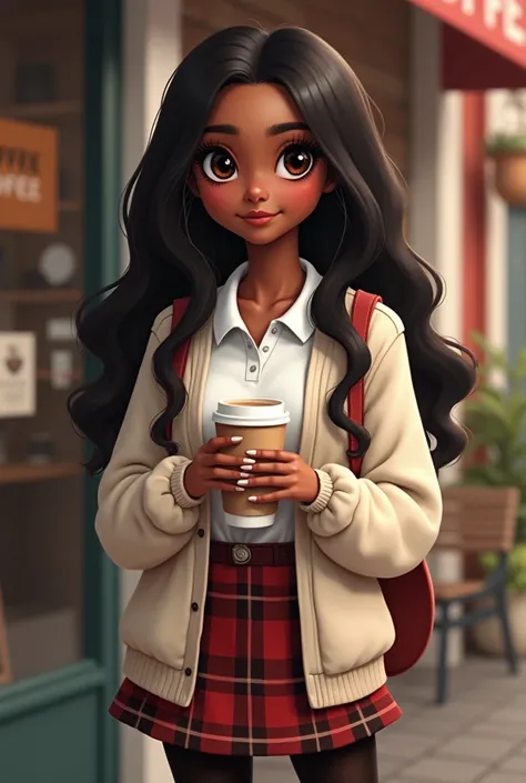 An 18-year-old dark-skinned girl wearing a big sweater and a polo shirt, with a plaid skirt, pantyhose, and shoes while holding a cup of coffee paper cup and standing in front of a coffee shop. She has long long wavy hair, big brown eyes, a pointed nose, s...