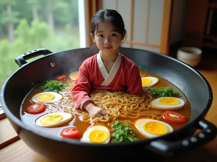 photo 8k, in the center of a deep pot of ramen noodles sits a Korean woman, she is dressed in a swollen hongbok where small boobs are visible, sits among sliced ​​boiled eggs, chopped greens and tomatoes, detailed lines of noodles, best quality, accurate, ...