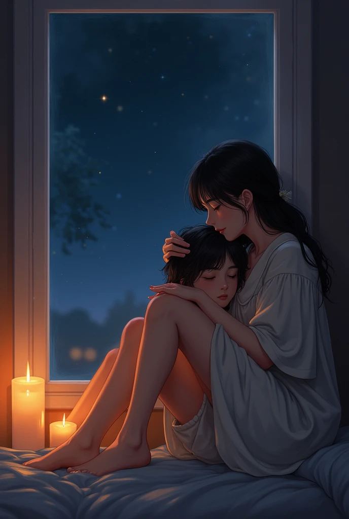 A girl with loose night dress with short pant showing her full legs by a window..A boy is lying on her thigh and the girl playing with hi hair..there is not enough light,except 2-3 candles..they are counting stars and enjoying this intimacy..