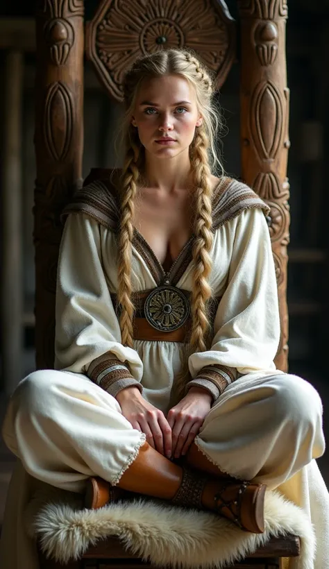 A historically accurate Viking queen sits regally on an authentic 9th-century carved wooden high-seat inside a period-correct longhouse. Her natural golden blonde hair is intricately braided in traditional Norse style, with historically accurate bronze and...