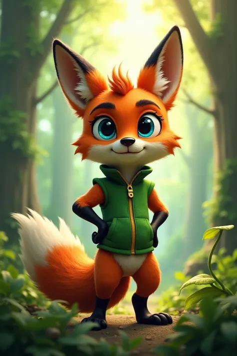 A vibrant, lush forest with sunlight streaming through the trees. A clever, anthropomorphic fox with brown fur and mismatched blue and green eyes stands confidently, wearing a green vest.