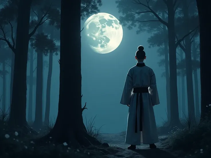 In a forest landscape where the moonlight shines, C stands among the trees in the forest and quietly looks around while being wrapped in shadows.  But it would be nice if he was wearing a Korean-style martial arts suit, and , He must have a slightly nervou...