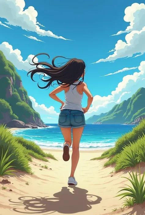 A manga-style woman running to the sea