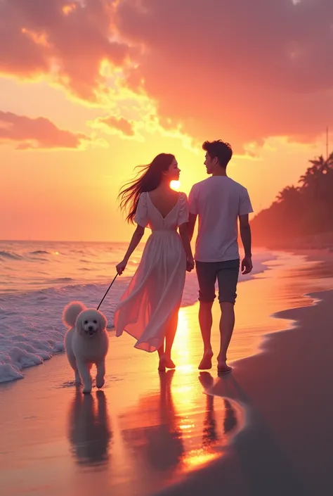 A serene beach with gentle waves under a colorful sunset, showcasing vibrant hues of pink, orange, and purple reflecting off the water. A beautiful korean woman and korean man, pacing at the camera,  white poodle ate on the beach