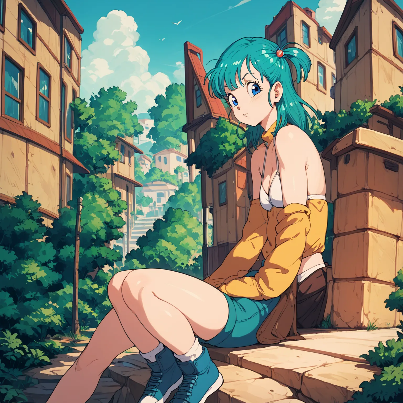 bulma in a white bikini walks on a cliff，with a puzzled expression, i watched bulma in a white bikini standing on a cliff in the...