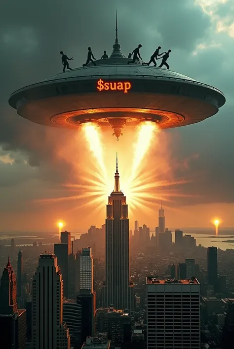 In the image, aliens on a spaceship are attacking New York. The word "$UAP" is prominently displayed and illuminated in the image.