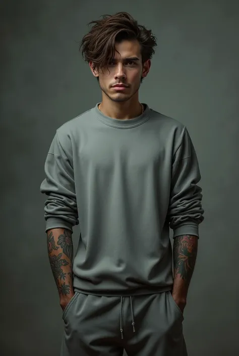 young man with brown hair.  brown eyes.  Tattoos. sweatsuit .  gloomy background