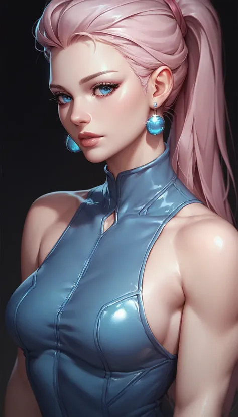 female sleeveless navy blue catsuit with bare shoulders and racerback, bare toned arms, beautiful faces, pink  ponytail with showing forehead, earrings, soft smooth skin, pale skin, black background, blue eyes, sci-fi, high contrast