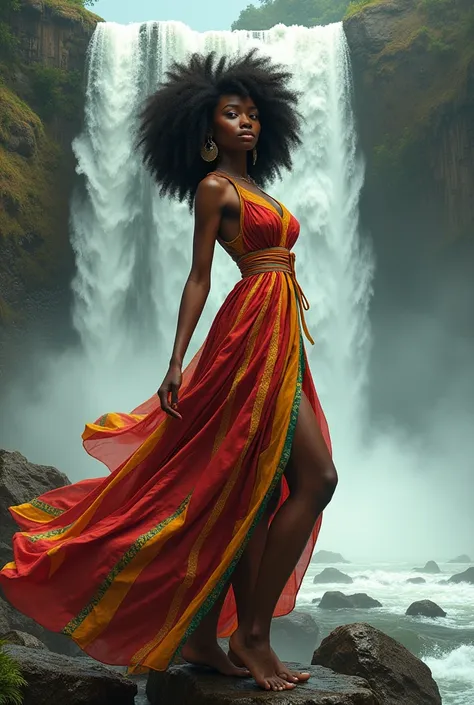 A brown skin afro lady wearing a red, yellow and green stripped flowing dress posing on top of a rocky waterfalls with the word Tirokave written 