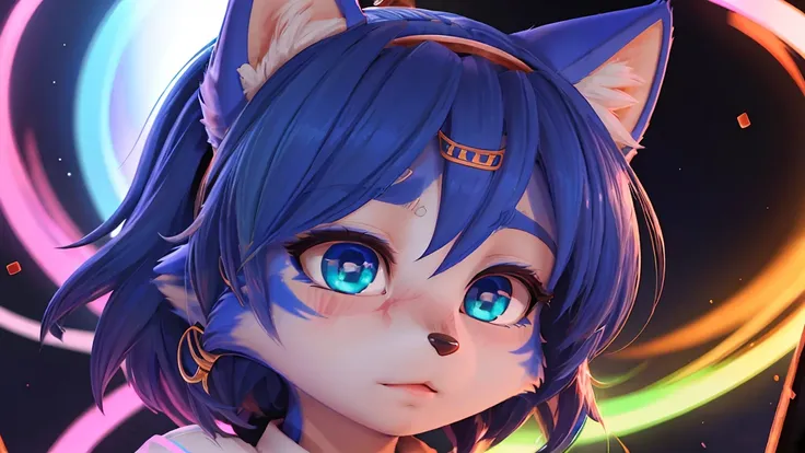 a picture of ((krystal)), Star Fox-Krystal, lovable, green eyes, ((( long blue hair 1 .3))), Decollete, anthro, Fuzzy,  detailed Fluffys fell,  detailed face, (Fluffy),  1 girl, Alone, masterpiece,  best quality, ( extremely detailed CG Unity 8k background...