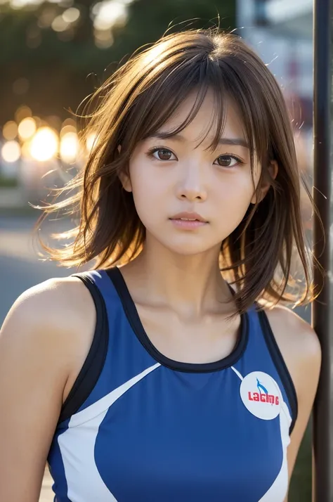 ((masterpiece)), ((photo realistic)), ((highest quality)), full body, Japanese girl, puffy face, broad jawline,big beady eyes, (no make up:1.3), (flat chest:1.1), light brown hair, (messy hair:1.2), very short hair, training wear,Frowning, tearful face, tr...